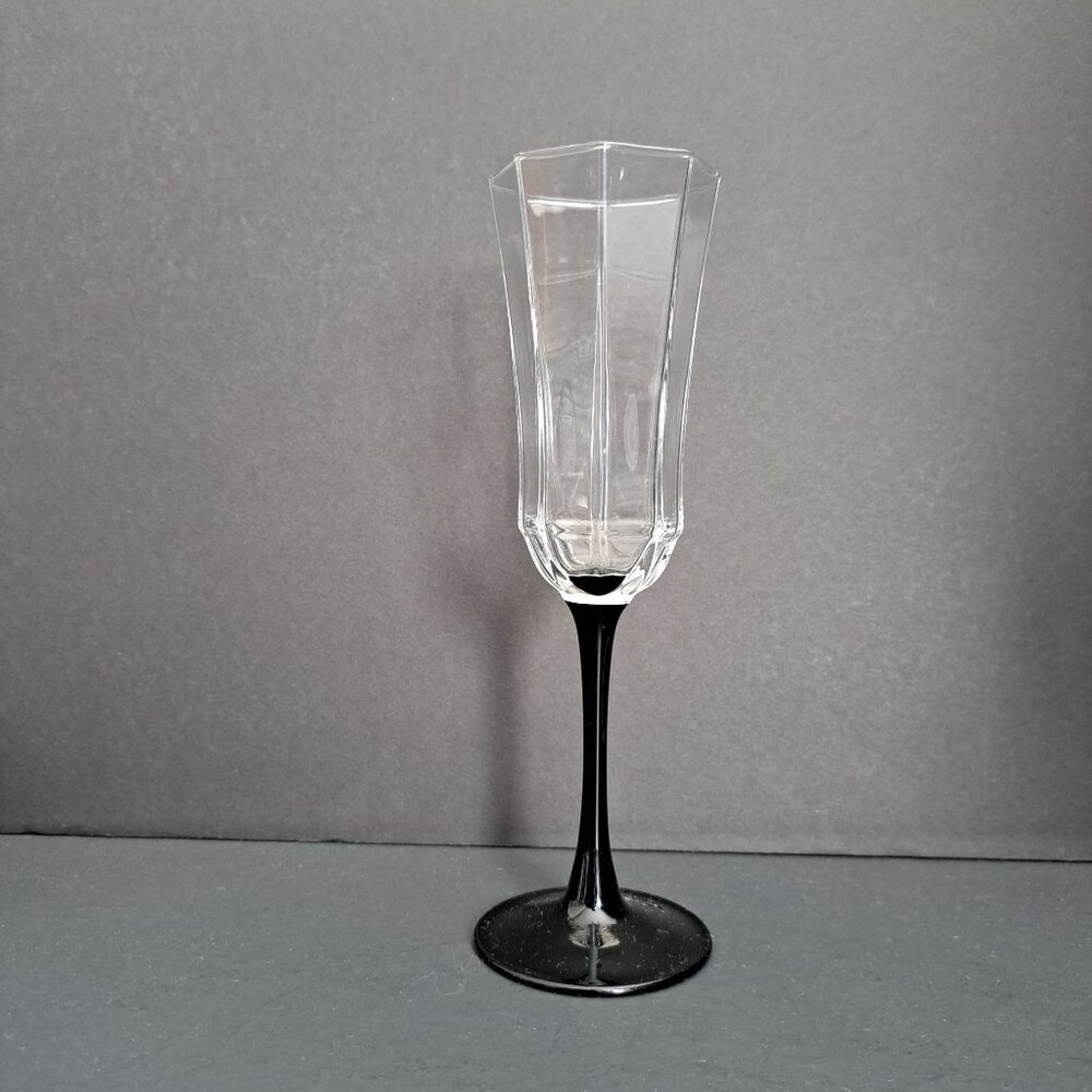 Luminarc Octime Champagne Flute 8.75" Onyx Black Stem Faceted Crystal France